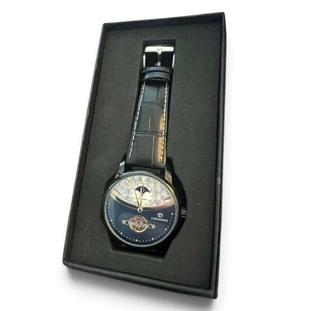 Forsining TM339 Automatic Mechanical Watch Moon Phase Open Heart Black Gold 43mm